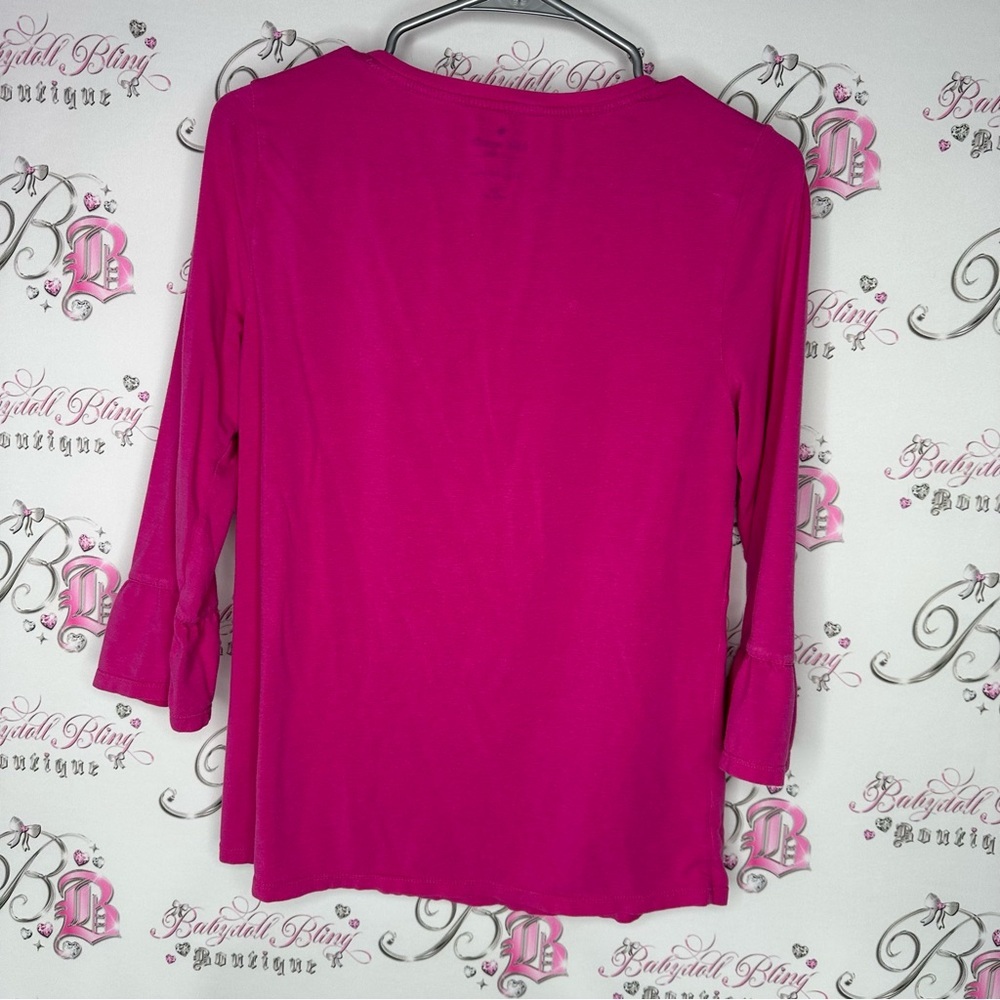 Kate spade cheers darling top ruffle frill sleeve cuff black pink soft stretchy - Picture 6 of 6
